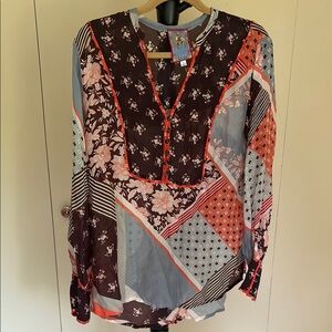 Johnny Was Red and Gray and brown Long Sleeve Blouse with Mandarin Collar.